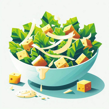 Salad in a bowl with cheese and greens. Vector illustration.の写真素材