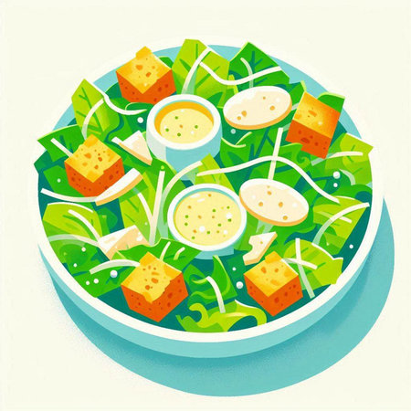 Vegetable salad with cheese and dill in bowl. Vector illustration.の写真素材