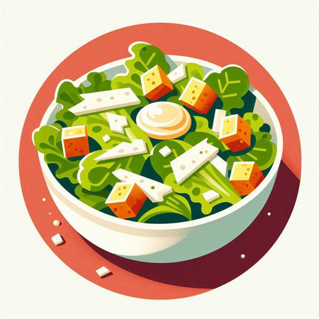 Salad with cheese and greens in a bowl. Vector illustration.の写真素材
