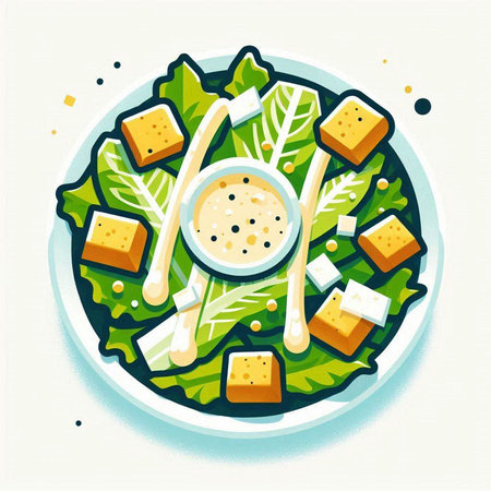 Illustration of a bowl of salad with croutons and cheeseの写真素材