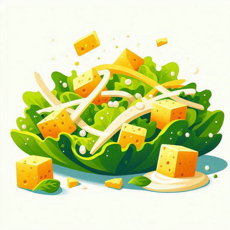 Illustration of a fresh salad with cheese, lettuce and olive oilの写真素材