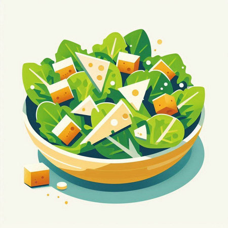 Salad with cheese and greens in a bowl. Vector illustration.の写真素材