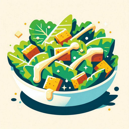 Salad with cheese and greens in a bowl. Vector illustration.の写真素材