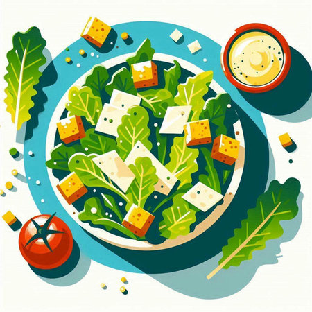 Salad with cheese, arugula, tomatoes and sauce. Vector illustration.の写真素材
