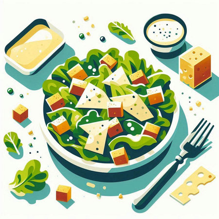 Salad with cheese, lettuce, dill and sauce. Vector illustration.の写真素材
