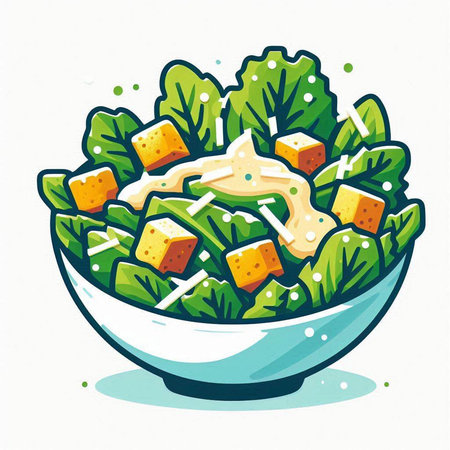 Illustration of a bowl of salad with croutons and mayonnaiseの写真素材