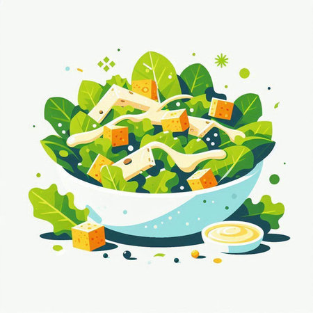 Salad with cheese and greens in a bowl. Vector illustration.の写真素材