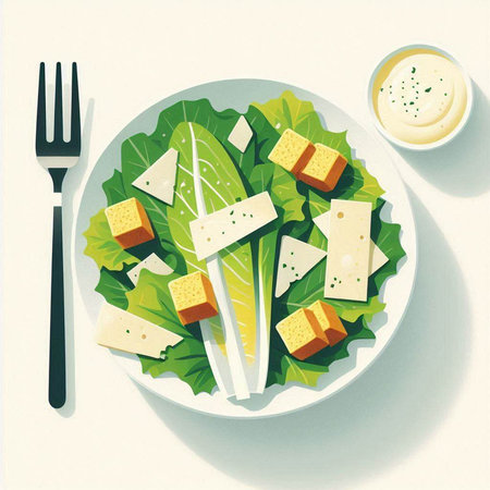 Salad with cheese, lettuce, crackers and sauce on a white plateの写真素材