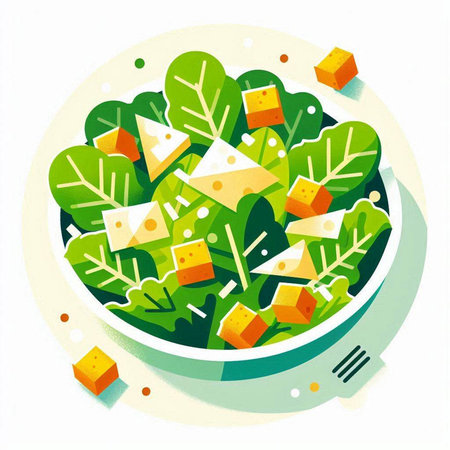 Salad with cheese and arugula in bowl. Vector illustration.の写真素材