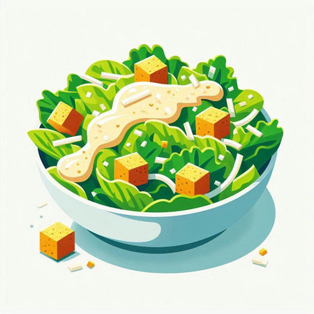 Salad with croutons and cheese in a bowl. Vector illustration.の写真素材