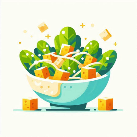 Salad with cheese and spinach in a bowl. Vector illustration.の写真素材
