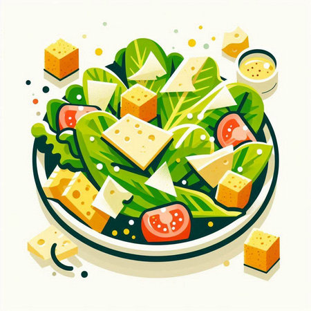 Salad with cheese and vegetables in a bowl. Vector illustration.の写真素材