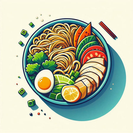 Bowl of ramen noodle with vegetables and egg, vector illustration