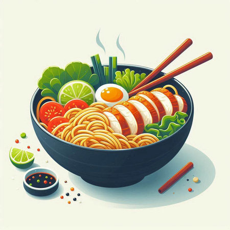 Illustration of a bowl of ramen noodles with vegetables and meat