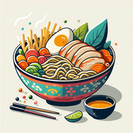 Illustration of a bowl of noodle with chopsticks and vegetablesの写真素材