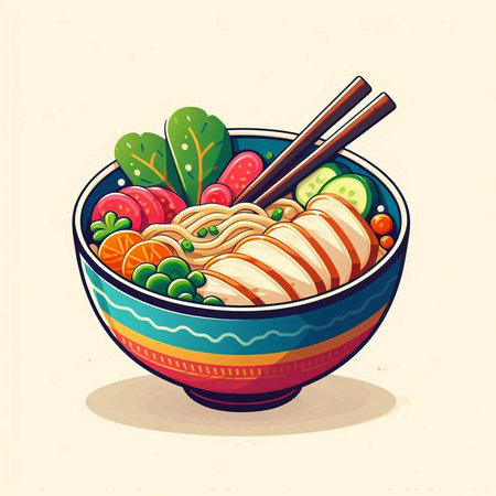 Ramen noodle soup in bowl with chopsticks. Vector illustration.
