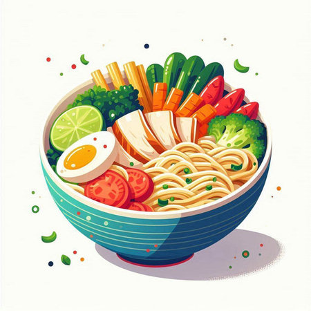 Bowl of noodle with vegetables and eggs. Vector illustration.