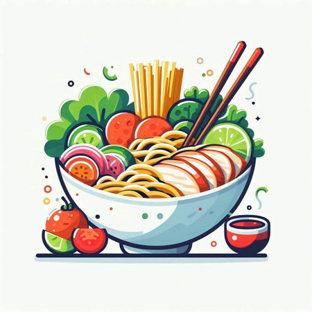 Noodles in bowl with chopsticks and vegetables. Vector illustration.