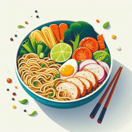 Ramen bowl with noodles, vegetables and meat. Vector illustration.