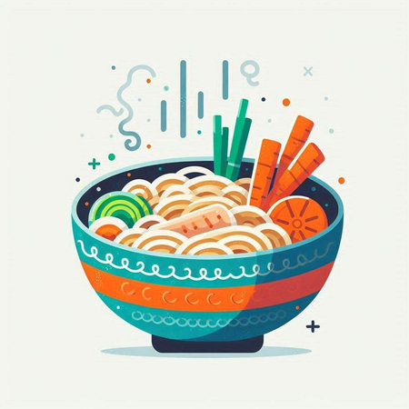 Bowl of noodle soup with chopsticks and vegetables. Vector illustration.の写真素材