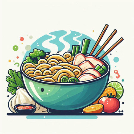 Illustration of a bowl of noodles with vegetables and chopsticks.の写真素材