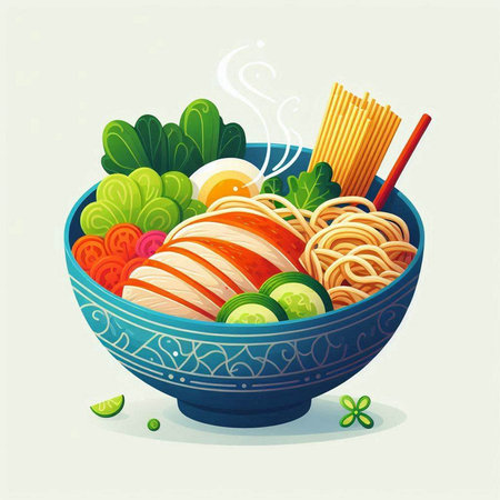 Noodles in a bowl with chopsticks and vegetables. Vector illustration.の写真素材
