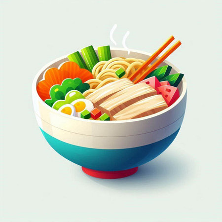 Illustration of a bowl of noodle with chopsticks and vegetablesの写真素材