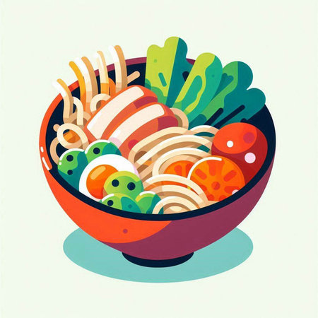 Bowl of noodle with vegetables and meat. Vector illustration.