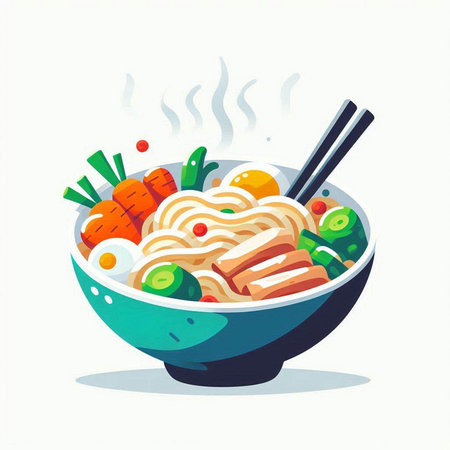 Noodles in a bowl with chopsticks. Vector illustration.
