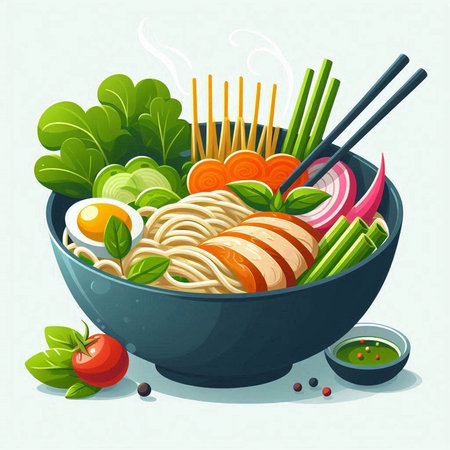 Noodle soup in bowl with chopsticks and vegetables. Vector illustration.