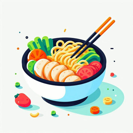 Bowl of noodle with vegetables and chopsticks. Vector illustration.
