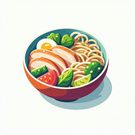 Bowl of noodle with meat and vegetables. Vector illustration.の写真素材