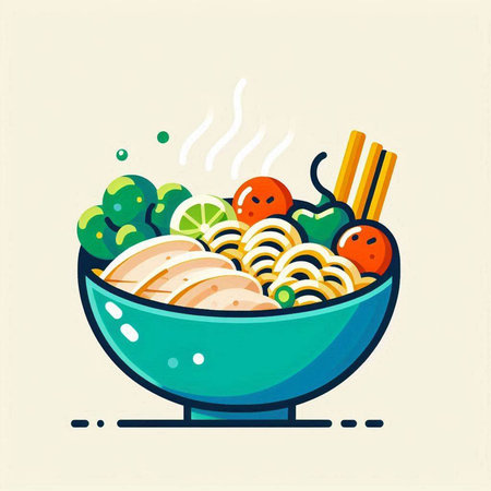 Bowl of noodles with vegetables and meat. Vector illustration in flat style.の写真素材