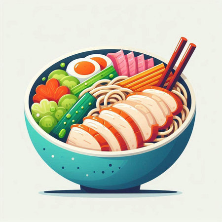 Japanese ramen noodle soup in bowl with chopsticks. Vector illustration.の写真素材