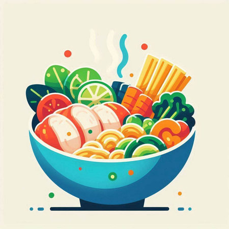 Illustration of a bowl of noodles and vegetables. Vector illustration.の写真素材