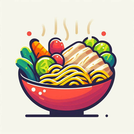 Vector illustration of bowl of noodle with chicken and vegetables. Colorful food icon.