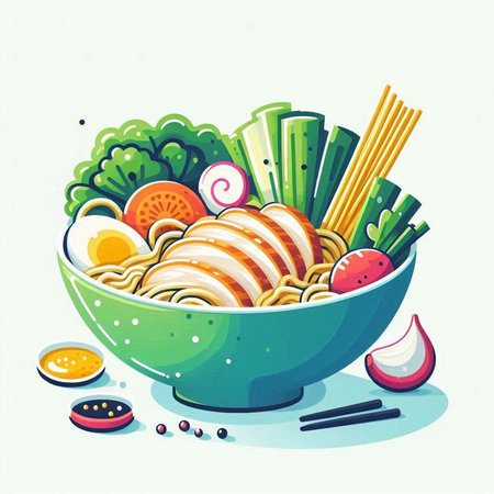 Vector illustration of a bowl of noodles with vegetables and chopsticks.
