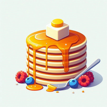illustration of a stack of pancakes with honey and berries on a white background