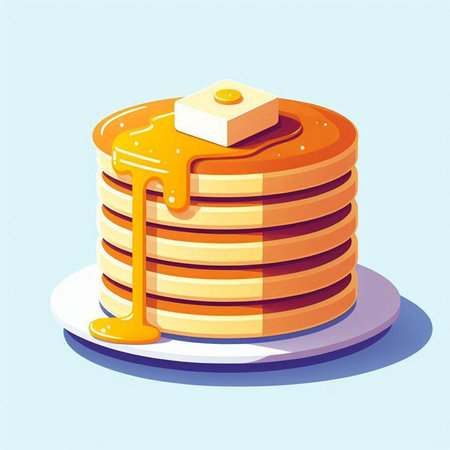 Illustration of a stack of pancakes with honey on a blue background