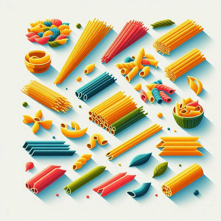 Different types and shapes of Italian pasta. Vector illustration of colored pasta.の写真素材