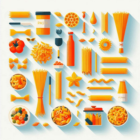 Set of pasta icons on a light blue background. Vector illustration.の写真素材