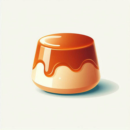 Illustration of a caramel pudding on a white background with shadow.