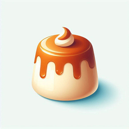 Illustration of a caramel pudding with cream on a light blue background