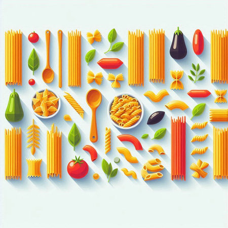 Set of different types and shapes of pasta and vegetables. Vector illustrationの写真素材