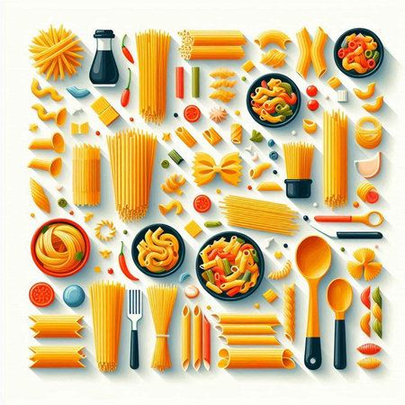 Different types and shapes of italian pasta on white background. Vector illustrationの写真素材
