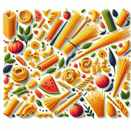 Pasta background with fruits and vegetables. Vector illustration in flat styleの写真素材