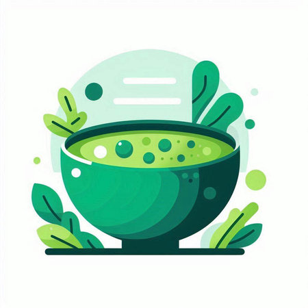 Green bowl with soup and herbs. Vector illustration in flat style.の写真素材