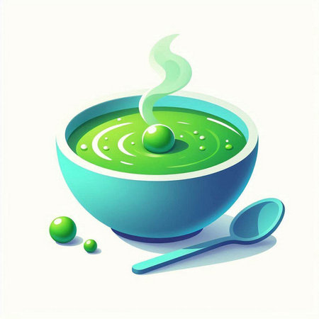 Green soup in a bowl with spoon on white background, vector illustrationの写真素材
