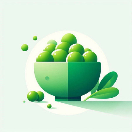 Green fresh peas in a bowl with green leaves. Vector illustration.の写真素材