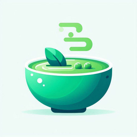 Green soup bowl with green leaves. Vector illustration in flat style.の写真素材